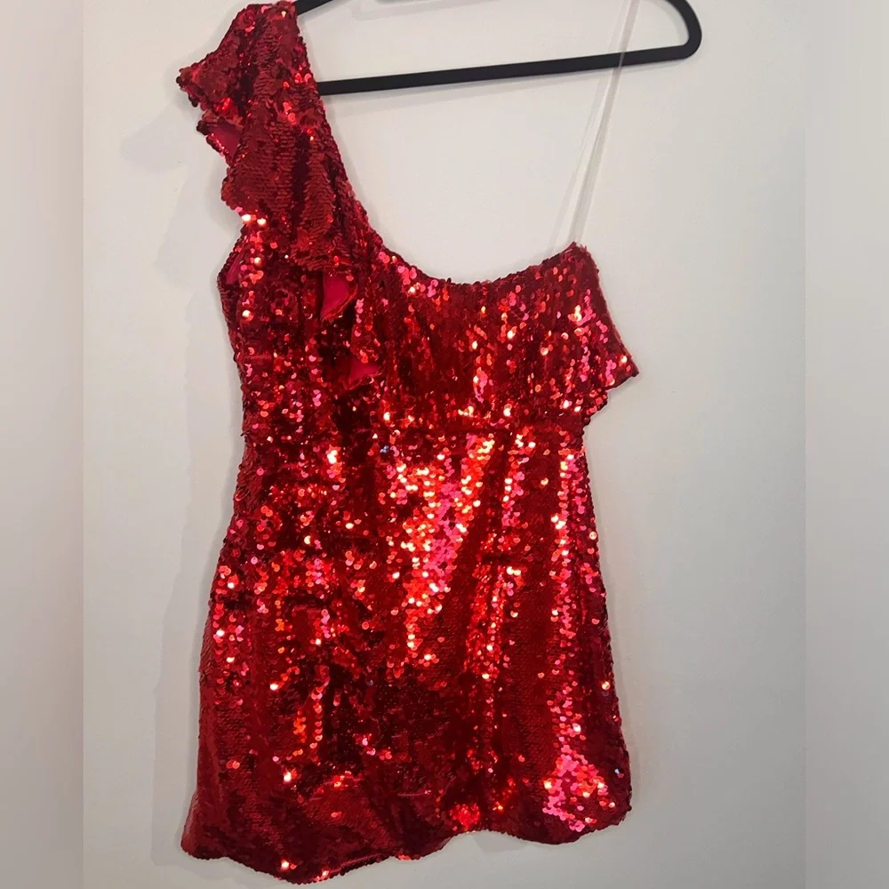 Leith Red Lava One Shoulder Mini Ruffle Dress Size Medium